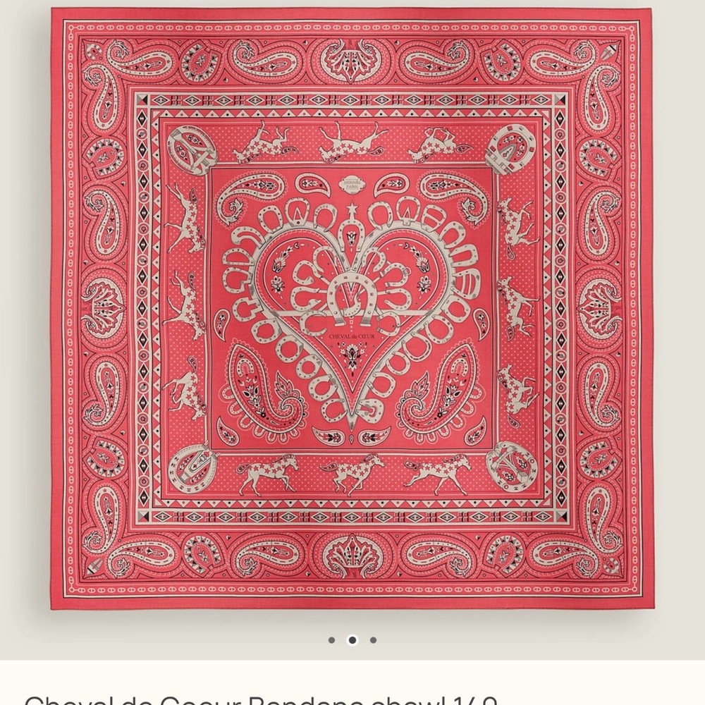 Hermes 140cm Cheval de Coeur Bandana Red White Shawl Scarf Rose/ Natural/ Noir